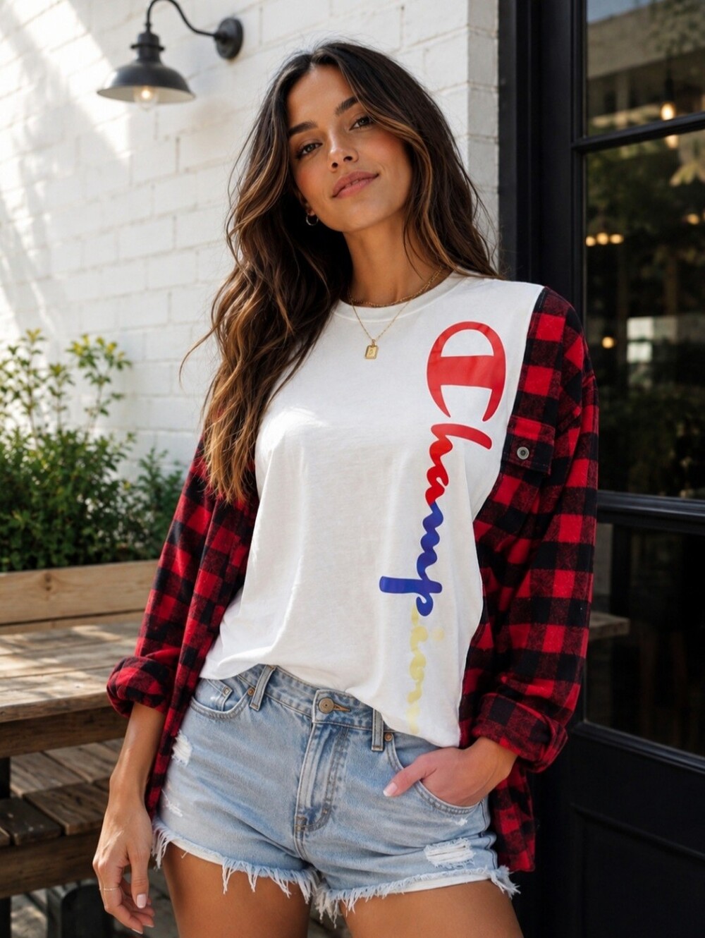 Upcycled Vintage Champion tee x flannel